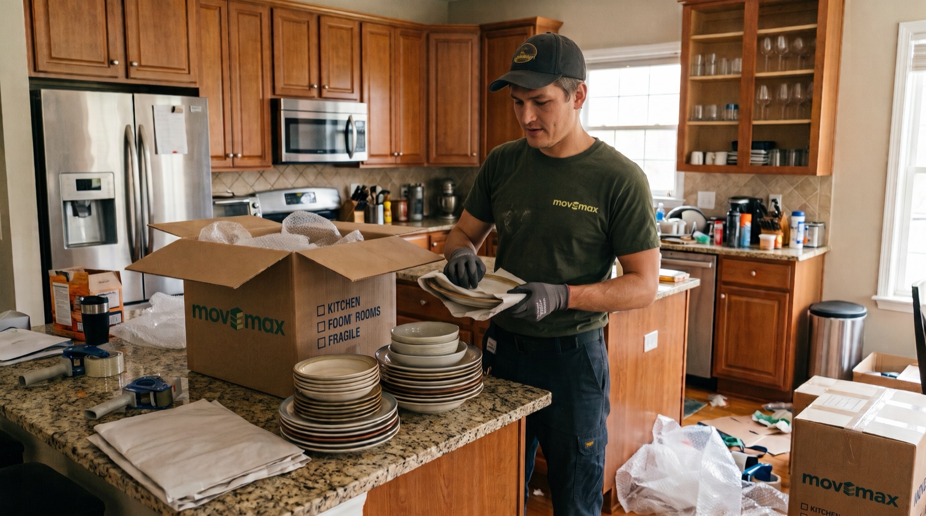 A MoveMax packer wrapping plates at a kitchen counter
